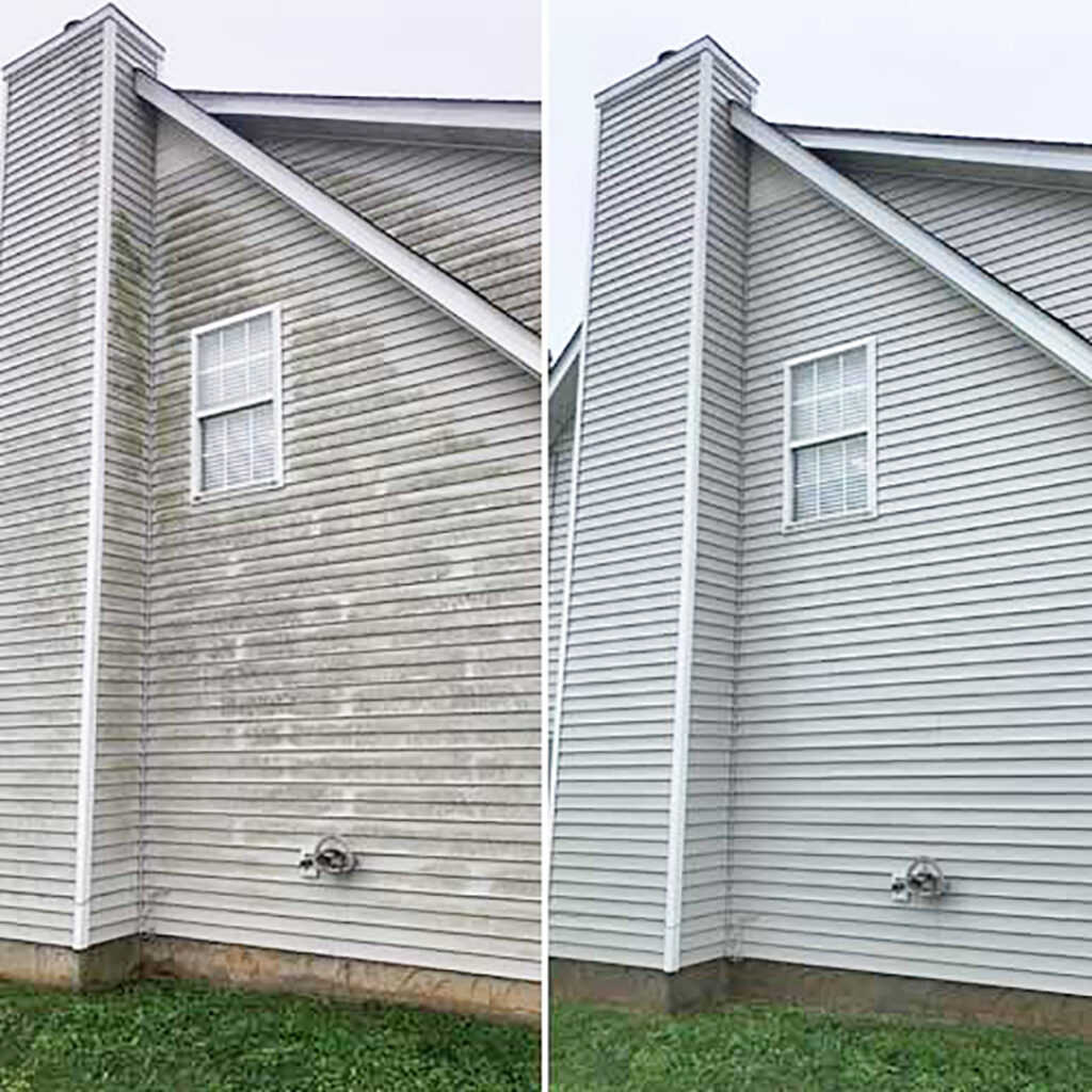 A before and after picture showing the results of a completed house pressure washing project in southern Oregon.